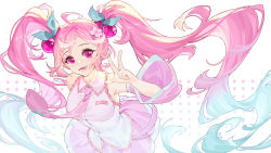 Rule 34 | 1girl, ahoge, bare shoulders, blue hair, detached sleeves, flower, frills, gradient hair, hair flower, hair ornament, hatsune miku, kan (rainconan), light blue hair, long hair, long sleeves, lower teeth only, multicolored hair, open mouth, patterned, patterned background, pink flower, pink neckwear, pink skirt, polka dot, polka dot background, purple eyes, sakura miku, skirt, smile, solo, teeth, tongue, twintails, very long hair, vocaloid, w, wide sleeves