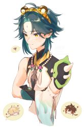 Rule 34 | 3boys, aether (genshin impact), animal ears, arm tattoo, bead necklace, beads, black hair, blonde hair, braid, brown hair, closed mouth, commentary request, crossed arms, earrings, embarrassed, facial mark, fake animal ears, forehead mark, genshin impact, gloves, gradient hair, green hair, highres, jewelry, long hair, male focus, multicolored hair, multiple boys, necklace, ponytail, simple background, single braid, single earring, spikes, spoken squiggle, squiggle, sweat, takenaka enj0y, tattoo, tiger ears, vision (genshin impact), white background, xiao (genshin impact), yellow eyes, zhongli (genshin impact)