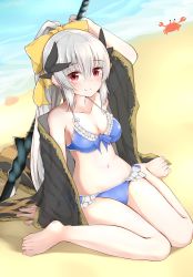 Rule 34 | 1girl, absurdres, bare shoulders, bikini, blush, breasts, cleavage, fate/grand order, fate (series), hair ribbon, highres, kiyohime (fate), kiyohime (fate/grand order), kiyohime (swimsuit lancer) (fate), kiyohime (swimsuit lancer) (third ascension) (fate), long hair, looking at viewer, moyoron, navel, ponytail, red eyes, ribbon, silver hair, sitting, smile, solo, swimsuit