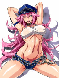 Rule 34 | 1girl, armpits, arms up, big hair, blue eyes, blue shorts, blush, breasts, capcom, choker, covered erect nipples, cuffs, denim, denim shorts, denki showgun, female focus, final fight, handcuffs, hat, large breasts, long hair, midriff, navel, no bra, open mouth, peaked cap, pink hair, poison (final fight), see-through, shorts, smile, solo, street fighter, tank top, unbuttoned