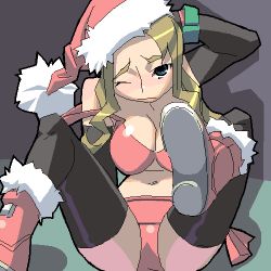 Rule 34 | 1girl, black thighhighs, boots, bra, christmas, elbow gloves, gloves, lingerie, lowres, panties, red bra, red panties, sansui.aoba, santa costume, sitting, solo, thighhighs, underwear, underwear only