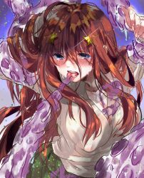 Rule 34 | 1girl, ahoge, arms up, blue eyes, blush, breasts, cleavage, covered erect nipples, go-toubun no hanayome, green skirt, hair between eyes, hair ornament, highres, imminent fellatio, imminent rape, large breasts, long hair, long hair between eyes, long sleeves, nakano itsuki, nununu (nununu386), red hair, restrained, shirt, skirt, solo, star (symbol), star hair ornament, tentacles, tongue, tongue out, wet, wet clothes, wet shirt