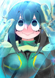 Rule 34 | 1girl, :&gt;, against glass, asui tsuyu, black hair, blush, bodysuit, boku no hero academia, breasts, closed mouth, gloves, green bodysuit, hakkasame, highres, large breasts, long hair, solo, upper body, wet
