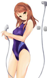 Rule 34 | 10s, 1girl, back cutout, bare arms, bare legs, bare shoulders, blue one-piece swimsuit, brown hair, clothes writing, clothing cutout, collarbone, competition swimsuit, eyebrows, eyelashes, groin, head tilt, holding, hose, houjou karen, idolmaster, idolmaster cinderella girls, lips, long hair, one-piece swimsuit, sawa (sawa-house), shower head, sidelocks, simple background, skin tight, smile, solo, standing, swept bangs, swimsuit, thighs, tsurime, white background, yellow eyes
