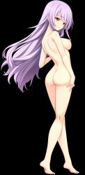 Rule 34 | 1girl, absurdres, arm at side, ass, barefoot, black background, blush, breasts, completely nude, female focus, from behind, full body, fuyuichi monme, game cg, highres, long hair, looking at viewer, looking back, medium breasts, nipples, nude, purple eyes, purple hair, ren&#039;ai karichaimashita, simple background, solo, soraji tsubaki, standing, tachi-e, tiptoes, very long hair