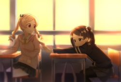 Rule 34 | 2girls, backlighting, black jacket, black legwear, black skirt, blonde hair, blurry, bow, bowtie, brown eyes, brown hair, cardigan, chair, classroom, commentary request, desk, dress shirt, drill hair, hair bobbles, hair bow, hair ornament, highres, indoors, jacket, leaning forward, looking at another, looking back, miniskirt, multiple girls, original, pantyhose, pink sweater, pleated skirt, school chair, school desk, school uniform, shirt, sitting, skirt, sweater, swept bangs, toon (noin), twilight, twintails, white shirt, window, wing collar, yellow neckwear
