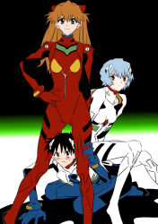 Rule 34 | 1boy, 2girls, :/, ayanami rei, between legs, black hair, blue eyes, blue hair, blush, bodysuit, breasts, brown hair, curvy, embarrassed, eywy4324, femdom, full body, grabbing another&#039;s leg, hair ornament, hand on own hip, hetero, highres, ikari shinji, interface headset, kneeling, leg grab, long hair, looking at another, looking at viewer, multiple girls, neon genesis evangelion, open mouth, plugsuit, red bodysuit, red eyes, short hair, simple background, sitting, sitting on person, skin tight, small breasts, souryuu asuka langley, sweat, tsundere, two side up