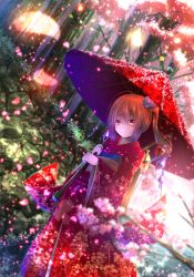 Rule 34 | 1girl, alternate costume, blonde hair, cherry blossoms, dress, female focus, flandre scarlet, floral print, forest, hair ornament, highres, japanese clothes, kimono, long sleeves, nature, no headwear, no headwear, obi, oil-paper umbrella, petals, red dress, red eyes, ryosios, sash, side ponytail, smile, solo, touhou, umbrella, wide sleeves, wings