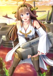 Rule 34 | 10s, 1girl, bare shoulders, boots, breasts, brown hair, cleavage, cloud, detached sleeves, hair ornament, hairband, highres, ichikawa feesu, kantai collection, kongou (kancolle), large breasts, looking at viewer, miniskirt, nontraditional miko, personification, pleated skirt, purple eyes, shingeki no kyojin, ship, skirt, sky, solo, thigh boots, thighhighs, three-dimensional maneuver gear, translated, watercraft, zettai ryouiki