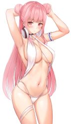 Rule 34 | 1girl, absurdres, alternate hairstyle, arm garter, armpits, arms up, azur lane, bare arms, bare shoulders, benedia, bikini, breasts, cleavage, collarbone, cosplay, cowboy shot, double bun, gluteal fold, halterneck, headphones, headphones around neck, highres, large breasts, le malin (azur lane), le malin (azur lane) (cosplay), le malin (mercredi at the secret base) (azur lane), long hair, looking at viewer, multi-strapped bikini, navel, perseus (azur lane), pink hair, sidelocks, simple background, skindentation, solo, standing, stomach, swimsuit, thigh strap, thighs, very long hair, white background, white bikini