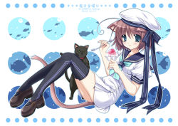 Rule 34 | animal ears, aqua eyes, black cat, black thighhighs, blush, bow, brown hair, cat, cat ears, cat tail, fish, food, green eyes, hat, heart, kemonomimi mode, mary janes, original, ryuuga shou, shaved ice, shoes, short hair, smile, solo, spoon, tail, thighhighs, zettai ryouiki