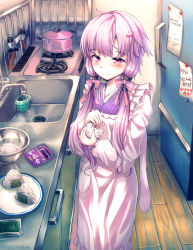 Rule 34 | 1girl, ahoge, alternate costume, apron, blush, bow, bowl, closed mouth, cooking, cowboy shot, eyebrows, faucet, food, frilled apron, frills, glint, hair bow, hair ornament, hair over shoulder, hair tubes, hairclip, highres, holding, holding food, indoors, japanese clothes, kappougi, kappougi yukari, kitchen, letter, long sleeves, looking at viewer, low twintails, magnet, maru daizu (aqua6233), mixing bowl, note, notes, onigiri, package, plate, pot, red bow, refrigerator, rice, smile, solo, standing, steam, stove, twintails, vocaloid, voiceroid, water tap, white apron, wooden floor, yuzuki yukari