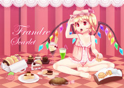 Rule 34 | 1girl, babydoll, bad id, bad pixiv id, blonde hair, border, cake, candy, checkered floor, cherry, cream puff, cupcake, cutting (mkjtl), doughnut, fang, feet, female focus, flandre scarlet, floor, food, fruit, hat, jeolchwiseon (dotted line), lace, lace border, lollipop, ornate border, panties, parfait, red eyes, side ponytail, sitting, solo, string panties, tongue, touhou, underwear, wings, yukinon
