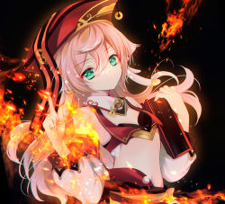 Rule 34 | 1girl, bare shoulders, black background, book, breasts, closed mouth, commentary request, detached sleeves, fire, genshin impact, green eyes, hair between eyes, hands up, hat, holding, holding book, long hair, long sleeves, navel, pink hair, puffy long sleeves, puffy sleeves, red hat, shirogane hina, small breasts, smile, solo, upper body, very long hair, white sleeves, yanfei (genshin impact)