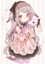 Rule 34 | 1girl, :t, animal ears, black bow, black hairband, black ribbon, blush, bow, brown hair, collar, commentary request, dress, frilled collar, frills, full body, hair bow, hairband, highres, kneeling, layered dress, long hair, long sleeves, looking at viewer, no shoes, hugging object, original, pantyhose, pink dress, pink eyes, pink pantyhose, pleated dress, pout, print dress, print pantyhose, rabbit ears, ribbon, solo, striped, striped background, stuffed animal, stuffed rabbit, stuffed toy, toma tokage, vertical stripes, very long hair, white collar