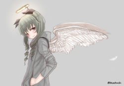 Rule 34 | 10s, 1girl, anchovy (girls und panzer), angel wings, black ribbon, casual, closed mouth, coat, commentary, drill hair, fake halo, feathered wings, feathers, from side, girls und panzer, glowing, green hair, grey background, grey coat, hair ribbon, halo, hands in pockets, head tilt, highres, long hair, long sleeves, looking at viewer, one-hour drawing challenge, red eyes, ribbon, simple background, smile, solo, standing, tacch, twin drills, twintails, twitter username, upper body, white wings, wings