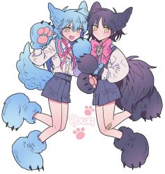 Rule 34 | 2boys, :d, absurdres, animal ears, animal hands, black hair, blue hair, blue shorts, blush, bow, dog boy, dog ears, dog tail, dramatical murder, full body, gloves, hair between eyes, hands up, highres, kemonomimi mode, long hair, long sleeves, looking at viewer, male focus, meremero, multiple boys, open mouth, paw gloves, paw shoes, personification, pink bow, pink ribbon, ren (dramatical murder), ribbon, seragaki aoba, shirt, short hair, shorts, simple background, smile, standing, standing on one leg, symmetrical pose, tail, white background, white shirt, yellow eyes