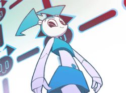 Rule 34 | 1girl, android, animated, animated gif, aqua hair, closed mouth, crop top, jenny wakeman, joints, lowres, midriff, my life as a teenage robot, navel, nickelodeon, robot, robot joints, short twintails, skirt, smile, solo, twintails, walking, yoshinari you