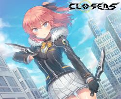 Rule 34 | 1girl, bad id, bad pixiv id, blue eyes, blush, bow, bowtie, breasts, building, closers, cloud, copyright name, dagger, day, g.t, hair between eyes, holding, holding dagger, holding knife, holding weapon, jacket, knife, long sleeves, looking at viewer, medium breasts, outdoors, pink hair, seulbi lee, skirt, sky, solo, weapon
