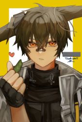 Rule 34 | 1boy, animal ears, arknights, ayerscarpe (arknights), bandaid, bandaid on face, bandaid on nose, black gloves, black hair, black shirt, closed mouth, fingerless gloves, gloves, grey jacket, hair between eyes, hand up, heart, highres, holding, jacket, looking at viewer, male focus, open clothes, open jacket, orange eyes, senjou no pentsu, shirt, solo, thank you, two-tone background, upper body, white background, yellow background