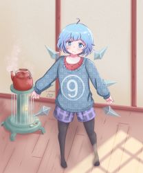 Rule 34 | circled 9, 1girl, blue eyes, blue hair, blue sweater, cirno, highres, ice, ice wings, indoors, kettle, long sleeves, looking at viewer, nakieoka, pantyhose, plaid, plaid shorts, purple shorts, red shirt, shirt, short hair, shorts, smile, stove, sweater, touhou, wings