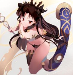 Rule 34 | 1girl, absurdres, armlet, asymmetrical legwear, asymmetrical sleeves, bare shoulders, bikini, black bow, black hair, blush, bow, breasts, cleavage, closed mouth, earrings, fate/grand order, fate (series), gold trim, hair bow, heavenly boat maanna, highres, hoop earrings, ishtar (fate), jewelry, long hair, looking at viewer, medium breasts, navel, neck ring, parted bangs, red eyes, same (sendai623), single sleeve, single thighhigh, smile, strapless, swimsuit, thighhighs, thighs, tiara, tube top, two side up, uneven legwear, uneven sleeves, weapon