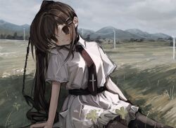 1girl =_hair_ornament arm_support belt black_belt black_thighhighs breasts brown_eyes brown_hair closed_mouth cloud cloudy_sky clover collared_shirt cross cross_print day four-leaf_clover frilled_skirt frills grass hair_ornament hairclip head_tilt high_ponytail highres long_hair looking_at_viewer medium_breasts minakami_yuki mountainous_horizon necktie on_grass outdoors print_necktie purasnt red_necktie school_uniform shirt short_sleeves sitting skirt sky smile solo subarashiki_hibi tassel tassel_hair_ornament thighhighs white_shirt white_skirt