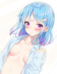 Rule 34 | 1girl, aikatsu! (series), aikatsu friends!, blue hair, blue shirt, blush, breasts, closed mouth, collarbone, collared shirt, dress shirt, dutch angle, gradient hair, hair ornament, hand up, highres, k mugura, long sleeves, looking at viewer, minato mio, multicolored hair, naked shirt, open clothes, open shirt, purple eyes, purple hair, shirt, sleeves past wrists, small breasts, solo, star (symbol), star hair ornament, upper body, white background