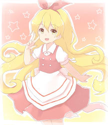 Rule 34 | 1girl, apron, back bow, blonde hair, border, bow, buttons, cocoa (cocoa1qld), collared shirt, commentary request, cowboy shot, curly hair, ellen (touhou), ellipsis (mitei), hair bow, happy, long hair, looking at viewer, open mouth, puffy short sleeves, puffy sleeves, red background, red bow, red skirt, red vest, shirt, short sleeves, skirt, star (symbol), touhou, touhou (pc-98), v, very long hair, vest, waist apron, white apron, white border, white bow, white shirt, yellow eyes