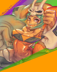 Rule 34 | 1girl, absurdres, arm up, breasts, cerebella (skullgirls), character name, cleavage, copyright name, covered navel, eyeshadow, fist pump, green hair, green lips, green nails, hat, highres, large breasts, makeup, open mouth, pamyuu, skirt, skullgirls, smile, solo, thighhighs, vice-versa (skullgirls), wide sleeves