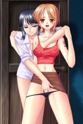 Rule 34 | 2girls, black hair, black panties, blouse, blue eyes, blush, breasts, clothes lift, clothes pull, collared shirt, covered erect nipples, door, female focus, female pubic hair, fingering, grabbing, grabbing another&#039;s breast, hanazuka ryouji, hand under clothes, highres, long hair, midriff, multiple girls, nami (one piece), navel, nico robin, no bra, one piece, orange eyes, orange hair, panties, panty pull, parted bangs, pencil skirt, pubic hair, pussy juice, red shirt, shirt, short hair, shoulder tattoo, skirt, skirt pull, sleeveless, sleeveless shirt, sleeves rolled up, sweat, swept bangs, tank top, tattoo, underwear, white shirt, yuri