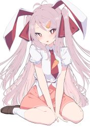 Rule 34 | 1girl, alternate hairstyle, animal ears, brown footwear, carrot hair ornament, food-themed hair ornament, hair ornament, hair ribbon, highres, loafers, long hair, looking at viewer, necktie, pink hair, pink skirt, rabbit ears, red eyes, red necktie, red ribbon, reisen udongein inaba, ribbon, shirt, shoes, short hair, simple background, sitting, skirt, socks, solo, touhou, tsukimirin, two side up, wariza, white background, white shirt