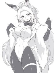 Rule 34 | 1girl, ahoge, animal ears, blue bow, blue bowtie, bow, bowtie, breasts, cleavage, cowboy shot, detached collar, elbow gloves, feather boa, gloves, greyscale, highres, horse ears, horse girl, large breasts, leotard, long hair, monochrome, multicolored hair, nontraditional playboy bunny, orfevre (umamusume), pantyhose, pataneet, scarf, solo, standing, strapless, strapless leotard, umamusume