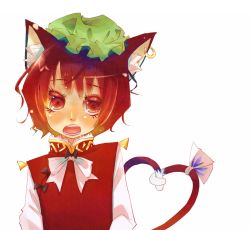 Rule 34 | 1girl, animal ears, bad id, bad pixiv id, brown hair, cat ears, cat girl, cat tail, chen, earrings, female focus, hat, hato haru, heart, heart tail, jewelry, multiple tails, red eyes, short hair, simple background, solo, tail, touhou, white background