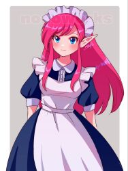 Rule 34 | 1girl, apron, artist name, blue eyes, blush, genderswap, genderswap (mtf), grey background, highres, link (shounen captain), long hair, looking at viewer, maid, maid apron, maid headdress, nintendo, nonoworks, pink hair, pointy ears, signature, simple background, solo, standing, the legend of zelda, watermark