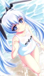 Rule 34 | 1girl, absurdres, animal ears, barefoot, blue eyes, blue hair, blush, bou (inubou), highres, looking at viewer, muv-luv, official art, one-piece swimsuit, rabbit ears, school swimsuit, swimsuit, thigh gap, twintails, water, white one-piece swimsuit, white school swimsuit, yashiro kasumi