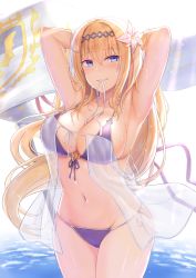 Rule 34 | 1girl, armpits, arms up, bikini, blonde hair, blue eyes, blush, breasts, cai geng, flag, flower, granblue fantasy, groin, hair flower, hair ornament, jeanne d&#039;arc (granblue fantasy), large breasts, long hair, looking at viewer, mouth hold, navel, see-through, side-tie bikini bottom, solo, swimsuit, water