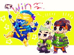 Rule 34 | 3boys, \m/, angel city hustler mirage, animification, apex legends, black eyes, blue eyes, blue gloves, blue hair, blue jacket, brown hair, chain, chibi, crypto (apex legends), drone, fast fashion octane, fuzzy logic crypto, gloves, goggles, goggles on head, gold chain, green jacket, hack (apex legends), hair slicked back, jacket, male focus, mask, mirage (apex legends), mouth mask, multiple boys, octane (apex legends), repikinoko, selfie, selfie stick, signature, smile, star (symbol), twitter username