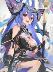 Rule 34 | 1girl, blue hair, breasts, character request, cleavage, cleavage cutout, clothing cutout, dragalia lost, fangs, gonzarez, highres, large breasts, long hair, open mouth, origa (dragalia lost), red eyes, sleeveless, smile, solo, staff, very long hair