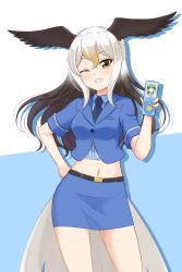 Rule 34 | 1girl, absurdres, bald eagle (kemono friends), belt, bird girl, bird tail, black hair, black necktie, blonde hair, blue background, blue shirt, blue skirt, breasts, commentary, crop top, gradient hair, hair between eyes, hand on own hip, head wings, highres, kemono friends, long hair, medium breasts, midriff, multicolored hair, navel, necktie, one eye closed, parted lips, pencil skirt, shiraha maru, shirt, short sleeves, simple background, skirt, smile, solo, tail, twitter username, white background, white hair, wings, yellow eyes