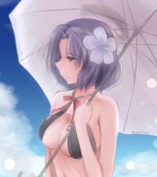 Rule 34 | 10s, 1girl, bad id, bad pixiv id, bare shoulders, bikini, black bikini, blue sky, breasts, cleavage, cloud, day, flower, hair flower, hair ornament, hina (bird salty), kantai collection, large breasts, looking to the side, mole, mole under eye, outdoors, over shoulder, parasol, purple eyes, purple hair, short hair, sky, smile, solo, swimsuit, tatsuta (kancolle), umbrella, upper body