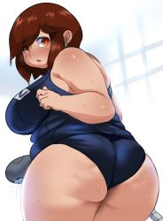 Rule 34 | 1girl, ass, ass focus, blue one-piece swimsuit, blush, breasts, brown hair, cowboy shot, earrings, fat, highres, huge ass, jewelry, large breasts, lightsource, looking at viewer, looking back, one-piece swimsuit, orange eyes, original, parted lips, plump, purin (lightsource), school swimsuit, short hair, showering, skindentation, solo, swimsuit, thick eyebrows, thick thighs, thighs, wet, wet hair