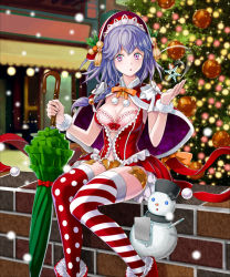 Rule 34 | 1girl, :o, asymmetrical legwear, bonnet, boots, bow, bra, braid, breasts, brick wall, capelet, christmas, christmas ornaments, christmas tree, cleavage, closed umbrella, dress, eyebrows, frilled dress, frilled skirt, frills, glowing, headdress, holding, holly, kuroi nyan, long hair, long sleeves, mismatched legwear, mistletoe, official art, original, pen, pink bra, pink eyes, polka dot, polka dot legwear, pom pom (clothes), purple hair, red bow, red dress, senjou no electro girl, shop, sitting, skirt, snow, snowflakes, snowman, solo, striped clothes, striped thighhighs, thighhighs, umbrella, underwear, white bow