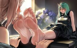 Rule 34 | 2girls, arknights, arm support, armor, bare shoulders, barefoot, black pants, blush, breastplate, closed eyes, commission, feet, female focus, foot focus, foot worship, foreshortening, gravel (arknights), green hair, hair over shoulder, highres, horns, hoshiguma (arknights), licking, licking foot, long hair, looking at another, multiple girls, nikishiko, pants, pink hair, pixiv commission, saliva, single horn, sittting, sleeveless, smile, soles, toe sucking, toes, tongue, tongue out, yellow eyes, yuri