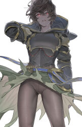 Rule 34 | 1boy, adjusting clothes, ahoge, arm at side, armor, backlighting, belt, blue belt, brown hair, cape, commentary request, cowboy shot, crotch seam, floating cape, floating hair, from below, glowing, glowing eyes, granblue fantasy, green cape, hair between eyes, highres, hip armor, hood, hood down, looking at viewer, male focus, messy hair, pants, parted lips, red eyes, sandalphon (granblue fantasy), short hair, shoulder armor, solo, tekki (tki), tight clothes, tight pants, white background