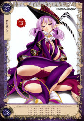 Rule 34 | 1girl, ass, blush, breasts, cape, cle masahiro, curly hair, despina (queen&#039;s blade), from side, hat, highres, large breasts, long hair, long sleeves, looking at viewer, non-web source, open mouth, pointy ears, purple eyes, purple hair, queen&#039;s blade, queen&#039;s blade grimoire, revealing clothes, simple background, sitting, solo, white background