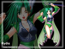 Rule 34 | 1990s (style), 1girl, boots, breasts, character name, cleavage, copyright name, detached sleeves, earrings, artistic error, female focus, final fantasy, final fantasy iv, green eyes, green footwear, green hair, jewelry, jumping, leotard, matching hair/eyes, medium breasts, aged up, one eye closed, open mouth, ring, rydia (ff4), sash, smile, solo, staff, thigh boots, thighhighs, wallpaper, wink, zoom layer