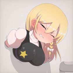 Rule 34 | 1girl, black vest, blush, breasts, bright pupils, clenched teeth, commentary request, cookie (touhou), hair between eyes, highres, impossible clothes, impossible vest, kirisame marisa, large breasts, long hair, looking at viewer, madore, one eye closed, puffy short sleeves, puffy sleeves, red eyes, shirt, short sleeves, solo, star (symbol), suzu (cookie), teeth, through wall, touhou, turtleneck, unusually open eyes, upper body, vest, white pupils, white shirt