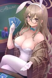 Rule 34 | 1girl, absurdres, akane (blue archive), akane (bunny) (blue archive), animal ears, blue archive, breasts, brown eyes, brown hair, card, cleavage, fake animal ears, glasses, gloves, halo, highres, holding, holding card, large breasts, leotard, nomio, official alternate costume, plaid shawl, playboy bunny, playing card, poker chip, poker table, rabbit ears, shawl, smile, solo, strapless, strapless leotard, table