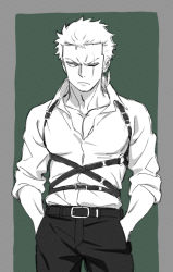 Rule 34 | 1boy, alternate hairstyle, chest belt, collared shirt, cowboy shot, green background, green theme, looking to the side, male focus, one piece, partially unbuttoned, pectoral cleavage, pectoral squeeze, pectorals, roronoa zoro, scar, scar across eye, shirt, short hair, sideburns, solo, taro (honyarara00), toned, toned male